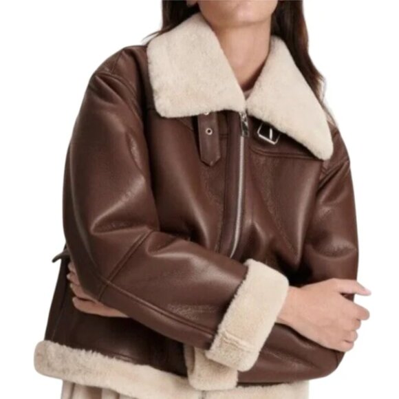 Joie Faux Leather Fur Lined Bomber Jacket Brown/Cream Size Large - Picture 1 of 7
